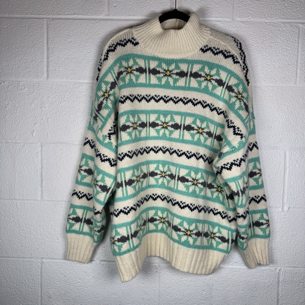 American Eagle Y2K Fair Isle Knit Mock Neck Sweater Snowflake Oversized Large